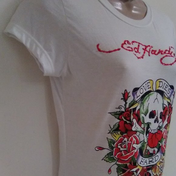 Ed Hardy White Short Sleeve with Rhinestones "Love Dies Hard" T-shirt - Picture 4 of 13